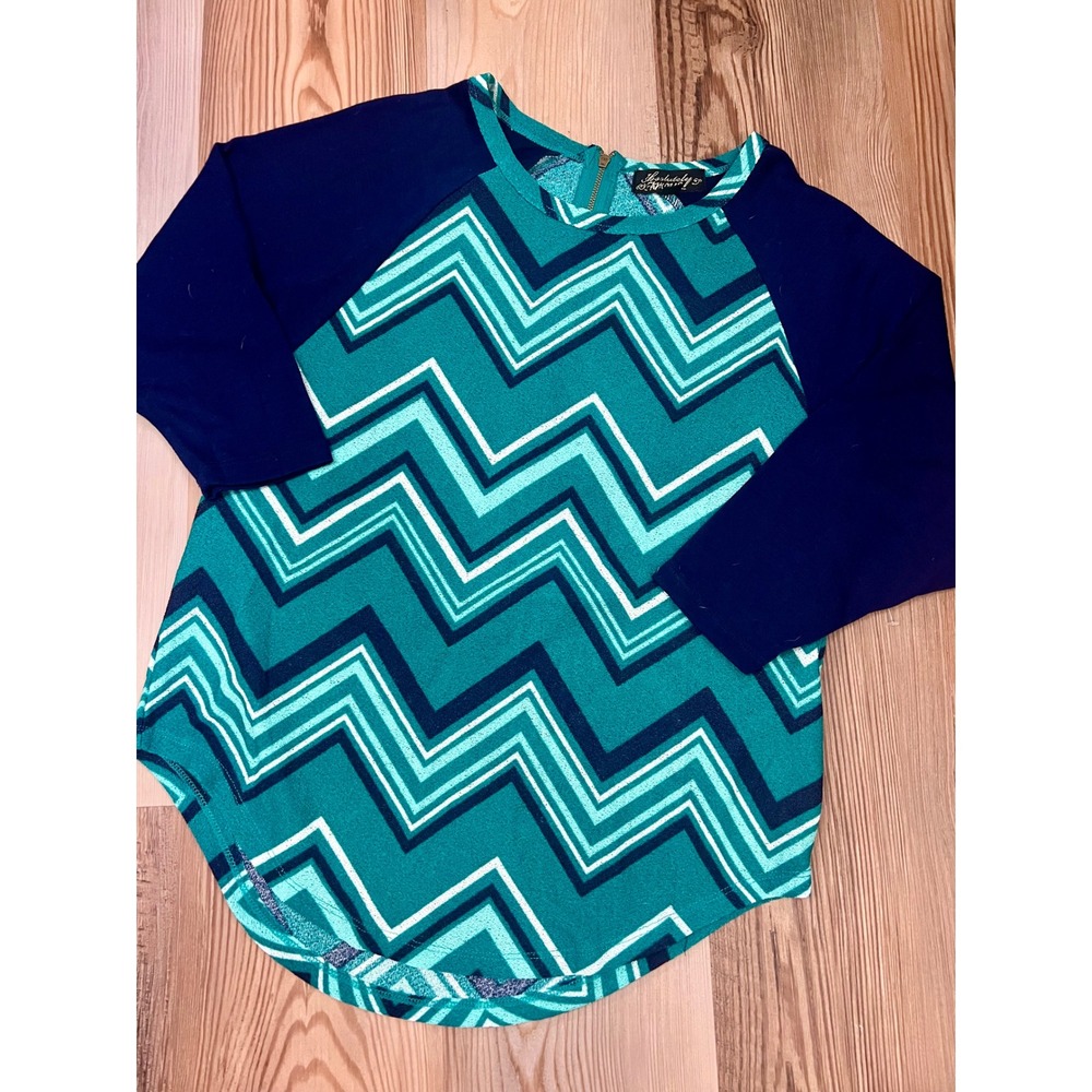 Absolutely Famous Teal Navy Chevron Zig Zag Raglan Top Back Zip Small Retro